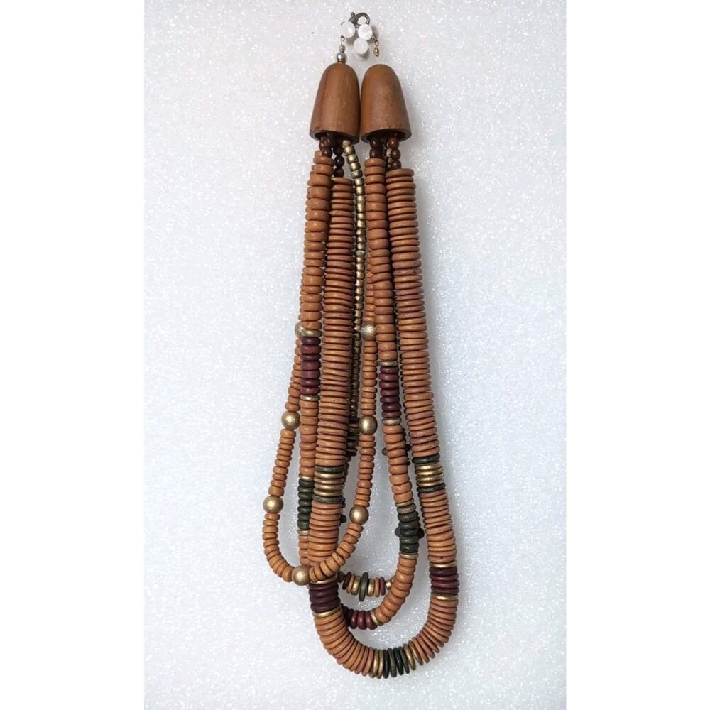 Vintage 90's Boho Statement Necklace Wood Disc Beads Multi Strand Festival